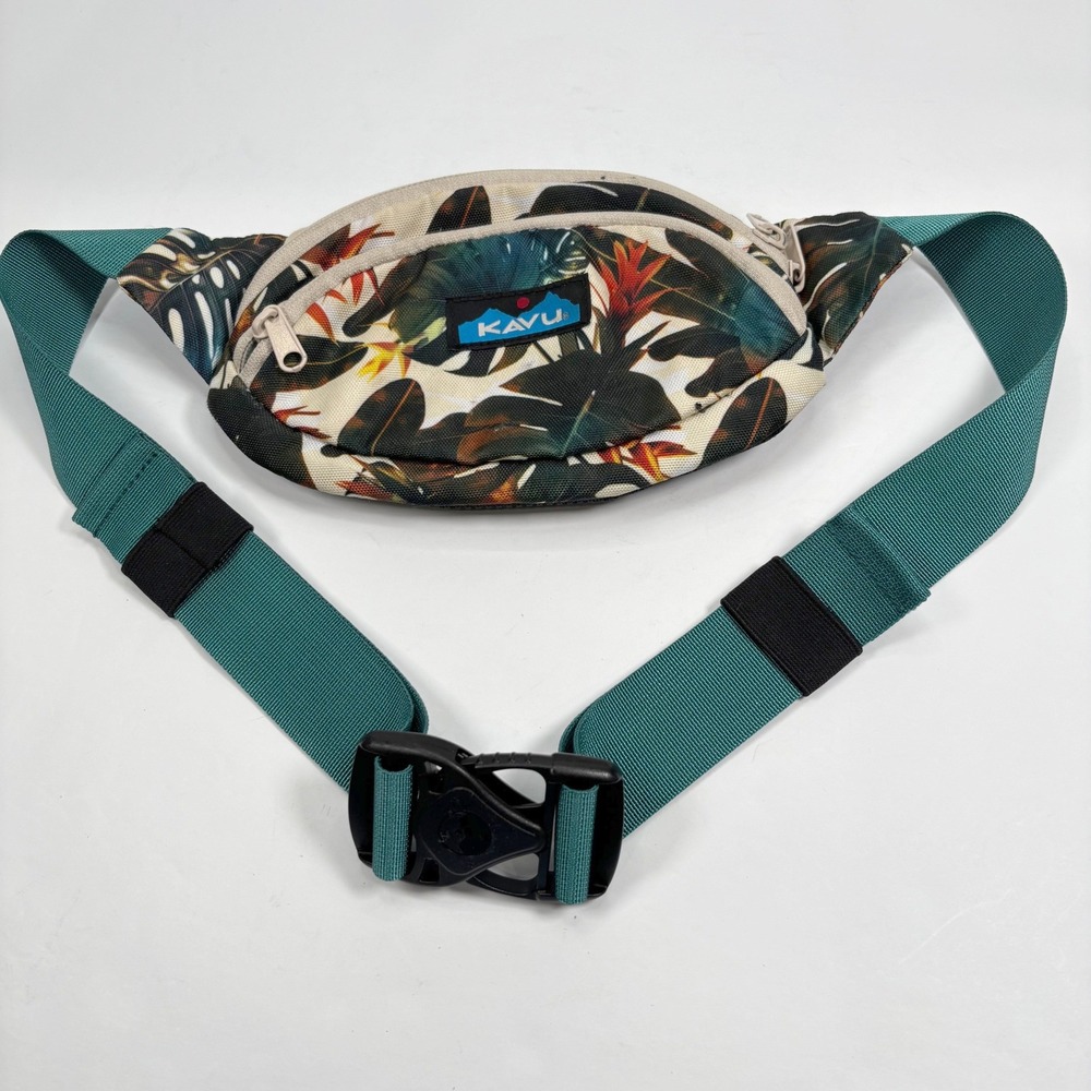KAVU Unisex Spectator Belt Bag Tropical Leaf Fanny Waist Pack Teal Strap Travel